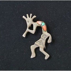 Navajo Kokopelli Pendant Brooch Sterling Turquoise Fire Coral "M" Arnold Maloney